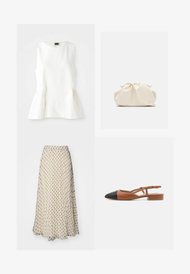 Blouse sans manches blanche avec encolure ronde et détail à taille peplum, fabriquée en tissu lisse, posée à plat sur un fond blanc.; Jupe maxi plissée en tissu crème, ornée de pois noirs uniformément espacés. Taille élastique pour le confort et ourlet fluide.; Steve Madden BELINDA - Ballerines à brides arrière - brown/black; Pochette en cuir souple couleur crème avec un design froncé et une fine bandoulière reposant à l’avant sur un fond uni.