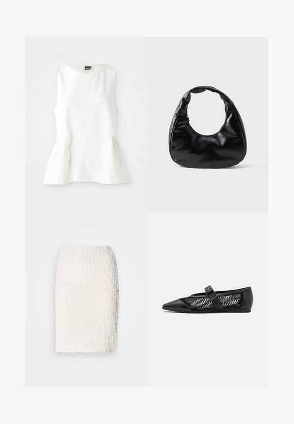 Blouse sans manches blanche avec encolure ronde et détail à taille peplum, fabriquée en tissu lisse, posée à plat sur un fond blanc.; Jupe crayon blanche texturée avec une surface légèrement duveteuse, longueur genoux, présentant un design ajusté et sans fermetures ni embellissements visibles.; Chaussure plate noire avec un bout pointu, panneaux latéraux en maille et une sangle avec une boucle décorative. Fini lisse sur les sections du bout et du talon.; Sac à main en simili cuir noir avec une forme de croissant unique, une large poignée rembourrée et une fermeture éclair. Texture lisse et brillante, design minimaliste.