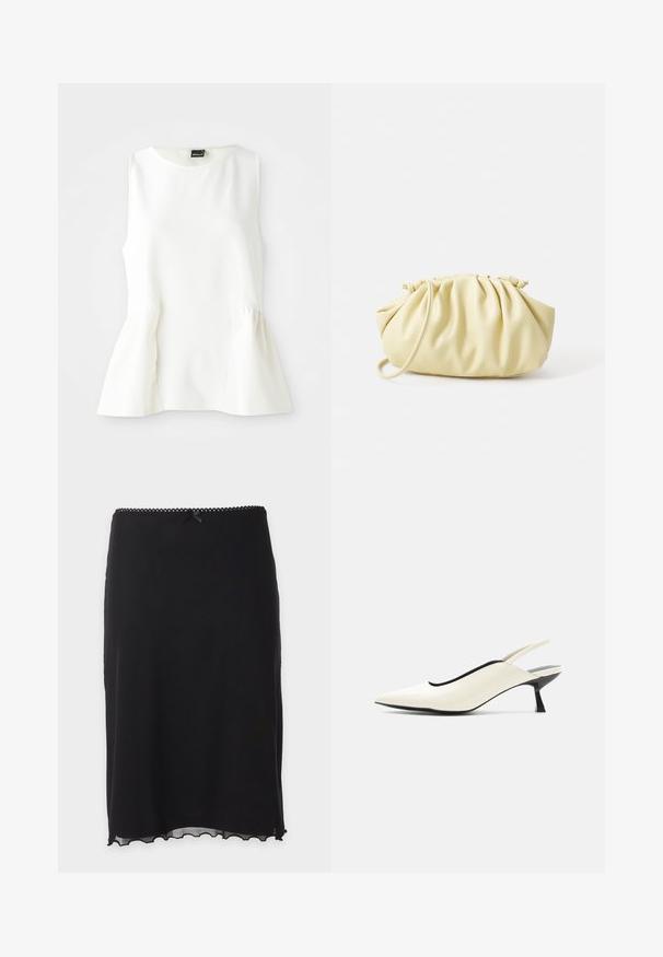 Blouse sans manches blanche avec encolure ronde et détail à taille peplum, fabriquée en tissu lisse, posée à plat sur un fond blanc.; Jupe noire longueur genou avec ourlet festonné et petit nœud au niveau de la ceinture bordée de dentelle.; Chaussure slingback pointue couleur crème avec petit talon noir style escarpin bas et finition en cuir lisse sur fond blanc.; Sac à main plissé jaune en simili cuir lisse, arborant une forme douce avec une bandoulière unique et un design froncé sur le dessus.