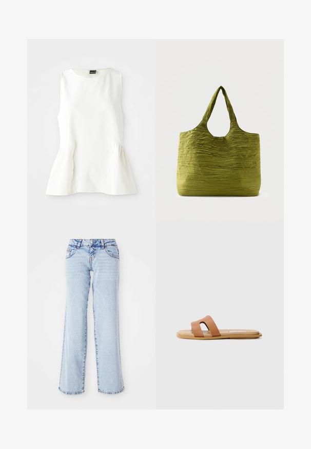 Blouse sans manches blanche avec encolure ronde et détail à taille peplum, fabriquée en tissu lisse, posée à plat sur un fond blanc.; Jean en denim bleu clair avec une coupe décontractée, jambes droites et décoloration subtile. Comprend cinq poches et passants de ceinture. Détail d'ourlet effilé.; Sandale glissante marron avec deux larges bretelles, semelle plate et texture lisse. Le coussin est beige avec une apparence rembourrée.; Sac fourre-tout vert avec un tissu texturé et froissé et de larges poignées, présenté sur un fond clair uni.