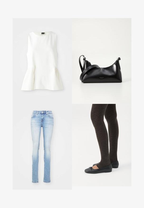 Blusa sin mangas blanca con escote redondo y detalle de peplum en la cintura, hecha de una tela suave, dispuesta plana sobre un fondo blanco.; Jeans ajustados de color azul claro, hechos de denim, con una cintura de altura media, cinco bolsillos y un ligero desgastado en los muslos y las rodillas.; Piernas con leggings oscuros acanalados combinados con bailarinas negras que presentan pequeños detalles de lazo sobre un fondo blanco.; Bolso de mano de cuero negro con una textura suave. Cuenta con una correa ajustable y un diseño elegante y minimalista con cierre de cremallera.
