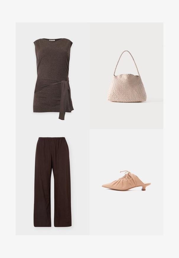 Haut sans manches en maille marron foncé avec un col rond et un détail noué sur le côté à la taille, sur un fond uni.; Pantalon marron foncé, coupe ample, taille élastique, jambes droites, sans poches ni motifs visibles.; Mule pour femme en cuir beige avec bout pointu, dessus froncé, lien de serrage et petit talon kitten, sur fond blanc.; Sac d'épaule en cuir tissé beige avec une forme arrondie et une anse tressée, doté d'une petite fermeture à bouton en cuir circulaire.