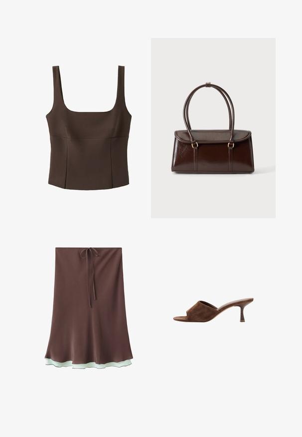 Sleeveless brown cropped top with wide square neckline and fitted seams, made of textured fabric.; Brown A-line skirt with light blue ruffled hem and a thin tie at the waistband, shown against a white background.; Brown suede open-toe mule with a mid-height, curved wooden heel and slip-on design on a white background.; Dark brown rectangular leather handbag with two looped handles and a flap closure against a plain light background.