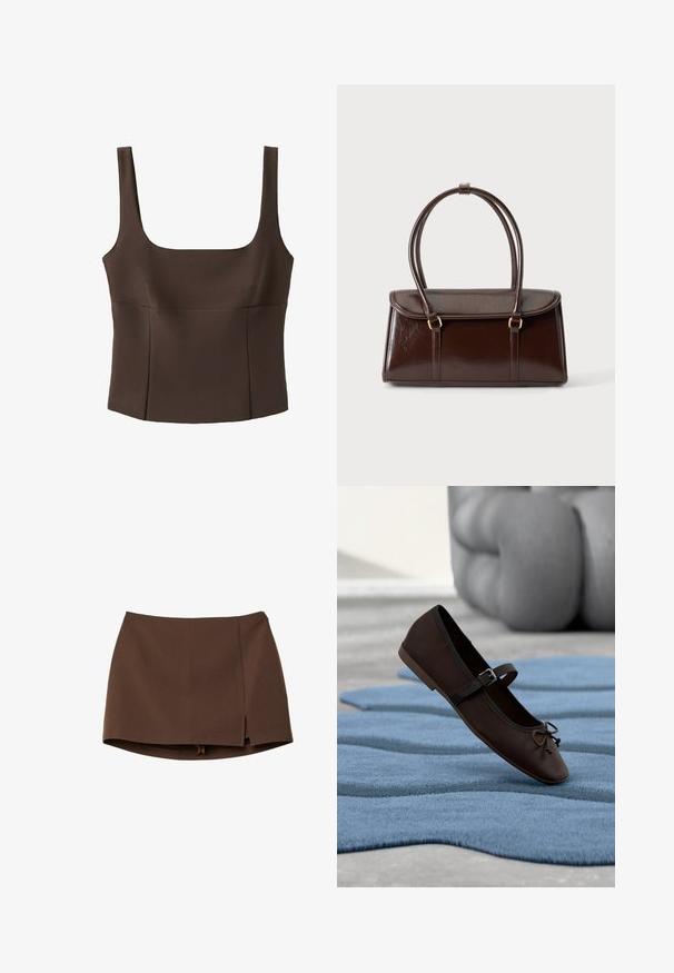 Top marron sans manches, court, avec un large décolleté carré et des coutures ajustées, en tissu texturé.; Mini-jupe marron en tissu lisse, avec une fente frontale, des lignes épurées et une coupe structurée. Sans poches ni détails métalliques apparents.; Chaussure plate Mary Jane marron foncé avec boucle et détail nœud reposant sur un tapis texturé bleu ondulé, et un canapé gris rembourré en arrière-plan.; Sac à main rectangulaire en cuir marron foncé avec deux anses en boucle et une fermeture à rabat sur un fond clair uni.