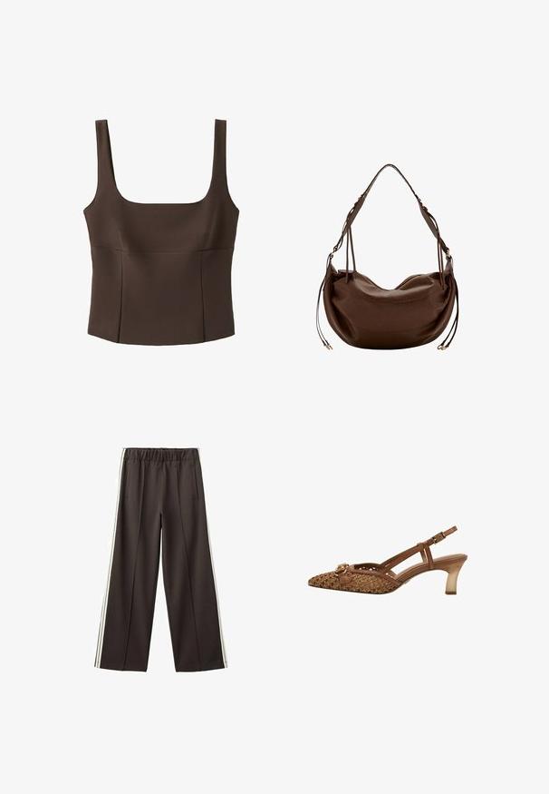 Top marron sans manches, court, avec un large décolleté carré et des coutures ajustées, en tissu texturé.; Pantalon noir à jambes larges avec taille élastique, poches latérales et bandes blanches sur les côtés. Tissu lisse avec une coupe ajustée.; Chaussure slingback tissée marron avec un bout pointu, des fines lanières, un accent de boucle décorative et un talon transparent de hauteur moyenne.; Sac à bandoulière en cuir marron avec une forme incurvée, une bandoulière réglable et des pompons en cuir décoratifs de chaque côté.