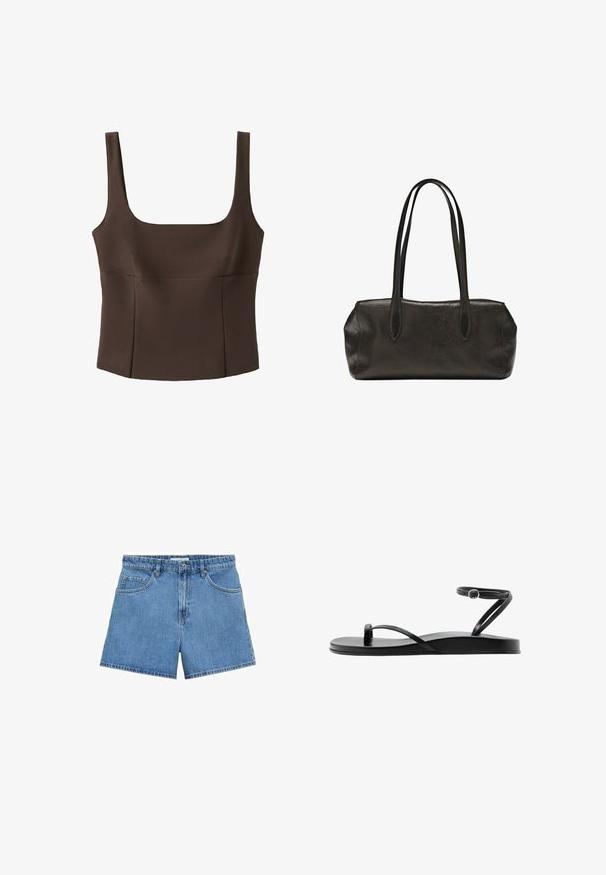 Top marron sans manches, court, avec un large décolleté carré et des coutures ajustées, en tissu texturé.; Shorts en denim bleu clair avec une taille haute, design à cinq poches et fermeture à bouton. Coupe droite avec un ourlet propre.; Sandale plate noire avec fines lanières, boucle pour l’orteil et bride de cheville avec une petite boucle ronde, vue de profil.; Sac à main rectangulaire en cuir noir avec longues bretelles doubles et finition texturée, présenté sur un fond blanc uni.