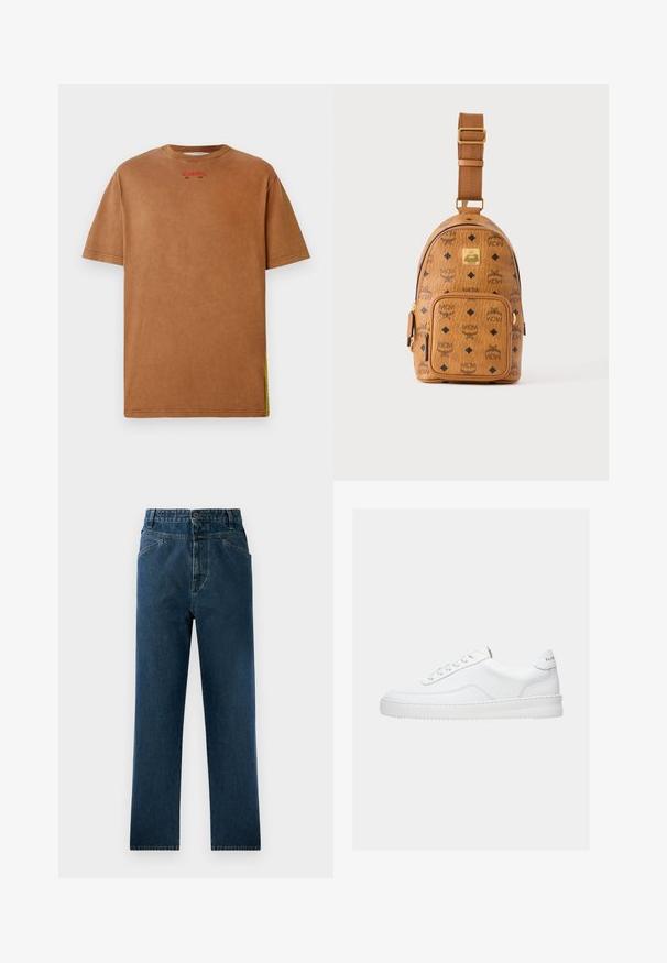 Iceberg T-shirt imprimé - nocciola; Jean droit en denim bleu foncé avec taille haute, comprenant des poches avant et une fermeture à bouton. Tissu texturé avec un léger dégradé.; Baskets basses blanches avec un design à lacets, dessus en cuir lisse et semelle épaisse, montrées de profil sur un fond uni.; Petit sac bandoulière en cuir beige avec bandoulière réglable, poche zippée à l'avant et motif répété du logo noir MCM.