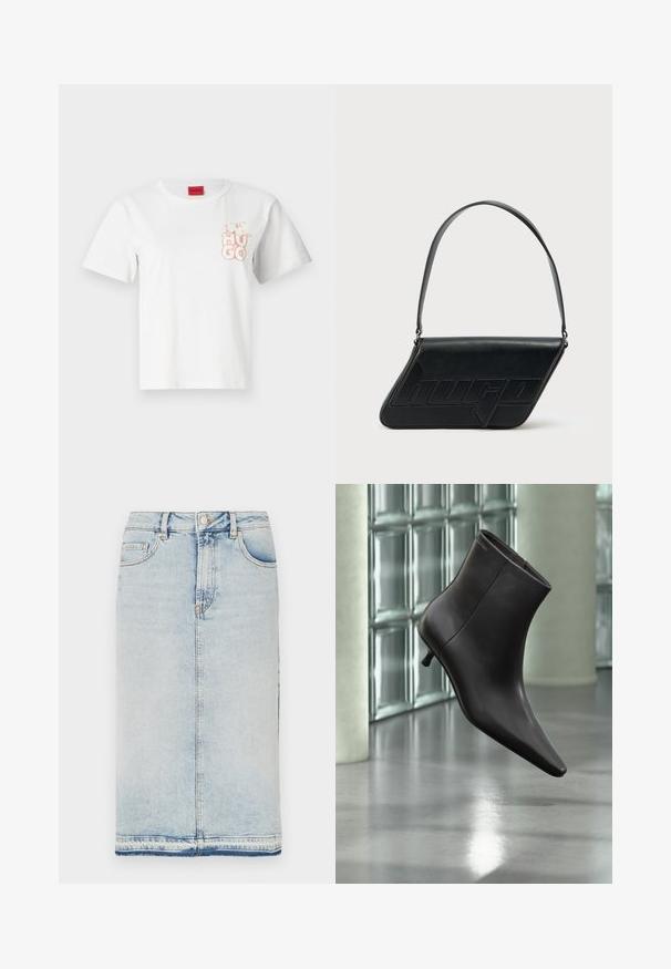 Weißes Baumwoll-T-Shirt mit kurzen Ärmeln, rundem Ausschnitt und einem hellrosa "HUGO"-Logo, das auf der linken Brustseite aufgedruckt ist. Rotes Etikett am Hals.; Hellblauer Denim-Midirock mit fünf Taschen, geradem Schnitt und einem raw-edge Saum. Klassischer Metallknopf und Reißverschluss.; Schwarzer Leder-Knöchelstiefel mit spitzer Spitze und kleinem Absatz vor einer Wand aus Glasbausteinen und einem polierten Boden.; Schwarze Leder-Umhängetasche mit dreieckiger Form, geprägt mit Logo und einem einzigen verstellbaren Riemen. Minimalistisches Design mit glatter Textur.