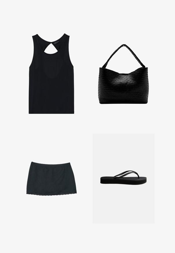 Haut sans manches noir avec un col rond, présentant un détail découpé au dos. Fabriqué en tissu lisse et élastique. Design simple sans motifs.; Mini-jupe noire avec taille élastique et bordure en dentelle le long de l'ourlet inférieur, posée à plat sur un fond blanc.; Tongs en caoutchouc noir avec semelle texturée et bride en forme de Y, vues de côté sur un fond clair uni.; Sac à main tissé noir avec une anse unique tressée, forme rectangulaire et surface texturée brillante.