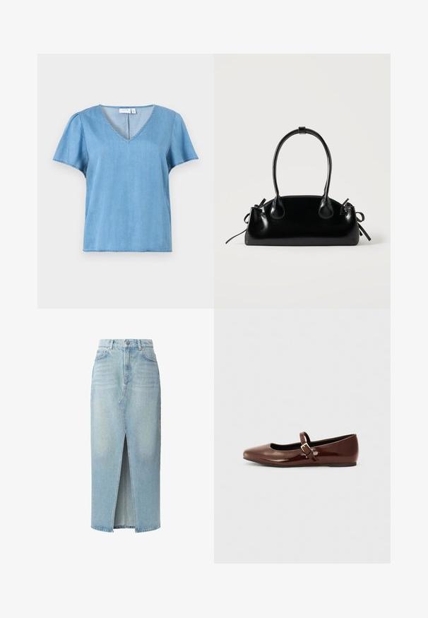 Lichtblauw kort mouw blouse met een V-hals en licht geplooide T-shirtachtige stof.; Lichtblauwe denimrok met een voorknijp, vijf zakken en riemlussen. Gemaakt van katoen met een soepele textuur en een lichte vervaging.; Bruine gepatineerde leren balletschoen met een vierkante neus en een bandje met een kleine gouden gesp. Gladde textuur, lage hak en minimalistisch ontwerp.; Kleine zwarte glanzende handtas met twee lange hengsels en zijkant trekkoord details op een effen lichte achtergrond.