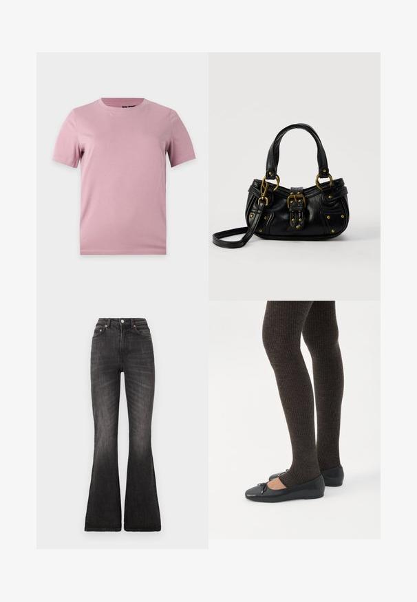 T-shirt uni en coton rose pâle à manches courtes avec col rond, présenté sur un fond plat gris clair.; Jean évasés noirs à taille haute, avec fermeture à bouton en métal, design à cinq poches et décoloration subtile le long de la texture du tissu.; Jambes portant des leggings côtelés foncés associés à des ballerines noires avec de petits détails en nœud sur fond blanc.; Sac à main en cuir noir avec boucle dorée et détails à rivets, poignées courtes et bandoulière réglable sur fond blanc uni.