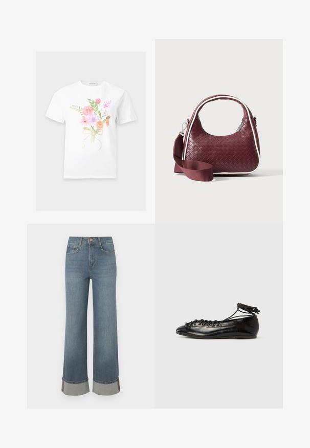Hvid t-shirt med korte ærmer med et farverigt blomsterbuket design bundet med et bånd trykt midt på foran.; Bredde ben blå denim jeans har en høj talje, manchettekanter med grå detaljer, fem-lomme design og en frontknaplukning.; Sorte balletflade sko i laklæder med rundet tå, snørelukning og flad sål. Glat tekstur med få detaljer.; Mørkerød vævet lædertaske med buet hank, hvid kant, sølv lynlås og aftagelig bred stofskulderrem mod en ensfarvet baggrund.