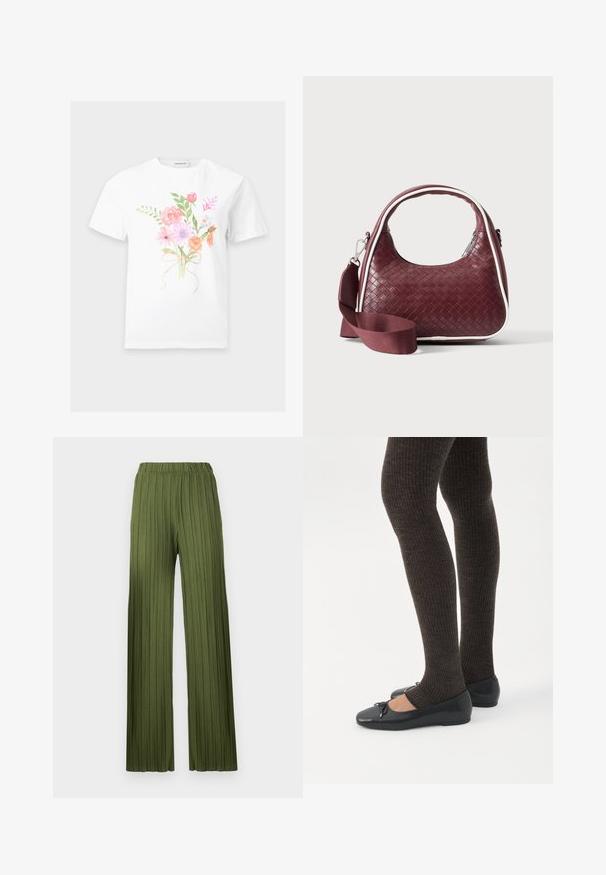 Camiseta blanca de manga corta con un diseño colorido de un ramo de flores atado con un lazo impreso en el centro delantero.; Pantalones anchos plisados verdes con cintura elástica. La tela texturizada presenta rayas verticales que crean una apariencia fluida.; Piernas con leggings oscuros acanalados combinados con bailarinas negras que presentan pequeños detalles de lazo sobre un fondo blanco.; Bolso de mano de cuero tejido color granate con asa curva, ribete blanco, cremallera plateada y correa desmontable de tela ancha para el hombro sobre fondo liso.