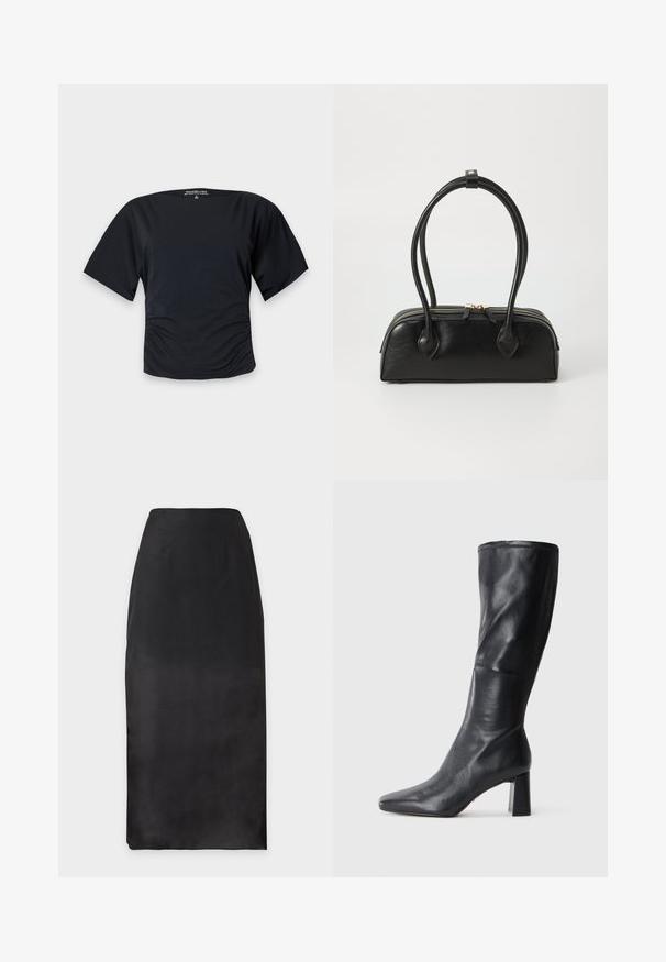 Haut noir à manches courtes pour femme avec un large décolleté bateau et des côtés froncés, présenté sur un fond clair uni.; Jupe crayon noire taille haute, coupe droite, texture lisse, sans motifs ni ornements visibles.; Botte en cuir noir, hauteur genou, à bout pointu et à talon épais. Texture lisse avec un design élégant et des détails de couture subtils.; Sac à main en cuir noir avec deux anses allongées, fermeture éclair et forme arrondie ; texture lisse avec une finition légèrement brillante.