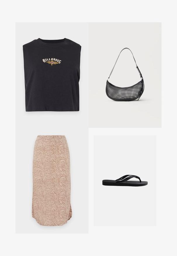 Sort cropped ærmeløs top med teksten "Billabong" og et gult flammegrafik midt på brystet.; Midi-længde beige nederdel med abstrakt blomster- og zebrastribet mønster, der har en buet kant og blødt, letvægtsstof.; Sort gummiplip-flops sandal med tekstureret sål og glatte remme, sidevisning på en ensfarvet lys grå baggrund.; Lille sort mesh skuldertaske i halvmåneform med justerbar tynd rem, sat mod en ensfarvet lys baggrund.