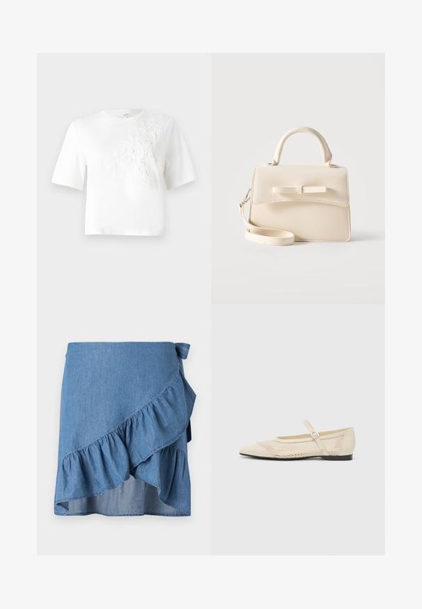 Hvid bomulds T-shirt med korte ærmer, med struktureret blomsterbroderi på venstre side. Rund hals, afslappet pasform.; Lysblå denimwrapnederdel med volangkant og bindebånd i taljen. Glat tekstur og en svævende silhuet.; Beige balletflader med spids tå, mesh design overlay og en side spænde. Flad sål med en glat tekstur.; Lille beige håndtaske med top-håndtag, aftagelig rem, forreste klap og dekorativ vandret sløjfe på en ensfarvet baggrund.