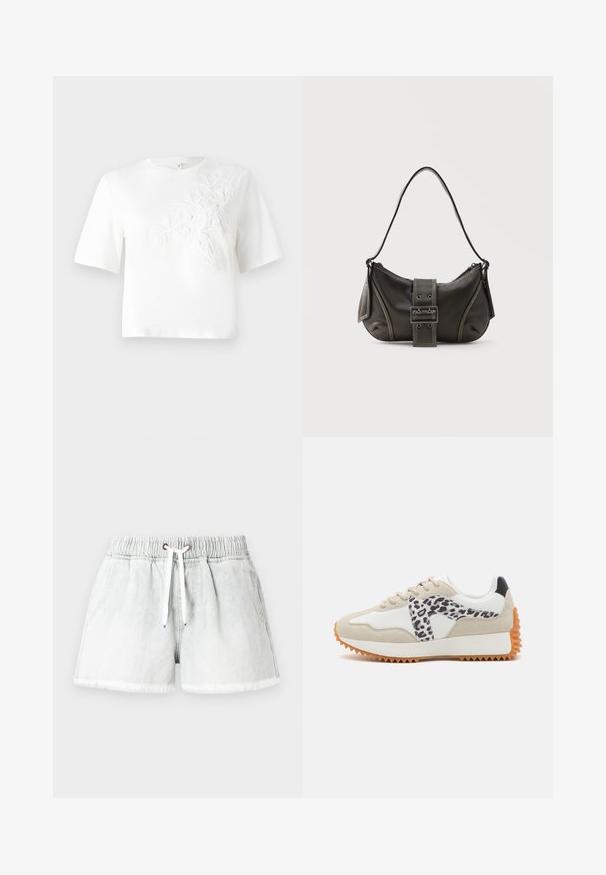 Hvid bomulds T-shirt med korte ærmer, med struktureret blomsterbroderi på venstre side. Rund hals, afslappet pasform.; Lysegrå denimshorts med elastisk talje, snøre til lukning og frynset kant. Har to sidelommer og en afslappet pasform.; Beige og hvid sneaker med et leopardtryk-panel, tekstureret ruskind og gummisål med riller for greb. Snørebånd og polstret krave inkluderet.; Sort læder skuldertaske med spænde på remmen, afrundede kanter og kontrasterende hvide syninger på en ensfarvet baggrund.