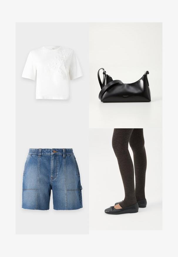 Hvid bomulds T-shirt med korte ærmer, med struktureret blomsterbroderi på venstre side. Rund hals, afslappet pasform.; Lysblå denim shorts med rå kant, der har en tætsiddende talje, bæltesløjfer og to forlommer.; Ben iført mørke ribbede leggings kombineret med sorte balletsko med små sløjfedetaljer på hvid baggrund.; Sort læderhåndtaske med en glat tekstur. Har en justerbar stropp og et enkelt, minimalistisk design med lynlås.