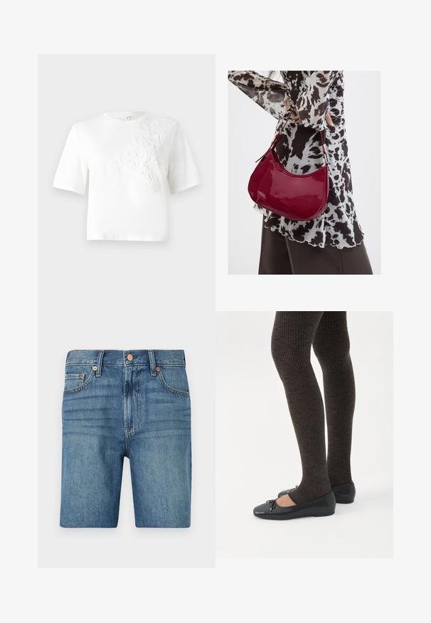 Hvid bomulds T-shirt med korte ærmer, med struktureret blomsterbroderi på venstre side. Rund hals, afslappet pasform.; Denim shorts i lyseblå med klassisk skæring, fem lommer og kobberaccent for kontrast. Tekstureret, mellemvægtigt stof.; Ben iført mørke ribbede leggings kombineret med sorte balletsko med små sløjfedetaljer på hvid baggrund.; Kvinde iført en sort- og hvidmønstret bluse, der holder en blank rød skuldertaske mod en ensfarvet baggrund.
