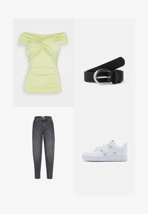 Gina Tricot TWISTED OFF SHOULDER - Top - lime sherbet; Schwarze, hoch sitzende, verwaschene Jeans mit verjüngtem Schnitt, Fronttaschen, Gürtelschlaufen und Knopfverschluss.; Nike Sportswear AIR FORCE 1 - Sneaker low - white/hyper royal/black; Schwarzer Leder-Gürtel mit glatter Textur, ausgestattet mit einer silberfarbigen Metallschnalle und einfachen Schlaufenakzenten. Das Design ist elegant und minimalistisch.
