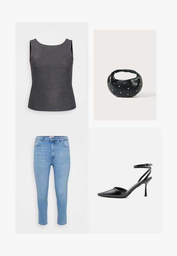 Hallita ilmavarrukatega tumehall top, millel on metallne sära, ümmargune kaelus ja keha lähedane lõige, valmistatud tekstuurses kangas.; Heledad sinine kõrge vöökohtadega kitsas teksapüksid, millel on nööp ja tõmblukk, ees- ja taga taskud ning pahkluu pikkus.; Mustad terava otsaga kõrged kontsakingad peente pahkluu rihmade ja hõbedase pandlaga ühevärvilise heleda taustal.; Mustast nahast ümmarguse kujuga käekott, kaunistatud hõbedaste naeladega, lühikese sangaga. Sile tekstuur ja tõmblukuga sulgemine.