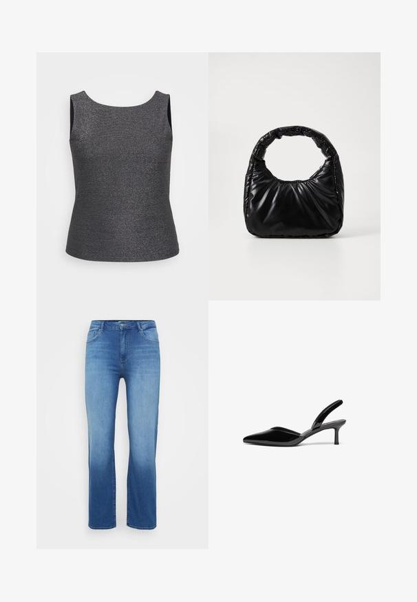 Ärmeloses top i mørkegrå med metallisk glans, med en rund halsudskæring og en tætsiddende form, lavet af et struktureret stof.; Lysblå denimjeans med lige snit, fem-lomme design og en slidt effekt ved kanten. Knaplukning i taljen.; Sorte patentlæder slingback hæle med spids tå, lav stiletto hæl og et elegant, enkelt design uden pynt.; Sort polstret håndtaske med et rundt håndtag, der har en glat, skinnende overflade og en blød, kviltet tekstur. Ingen synlige hardware eller accenter.