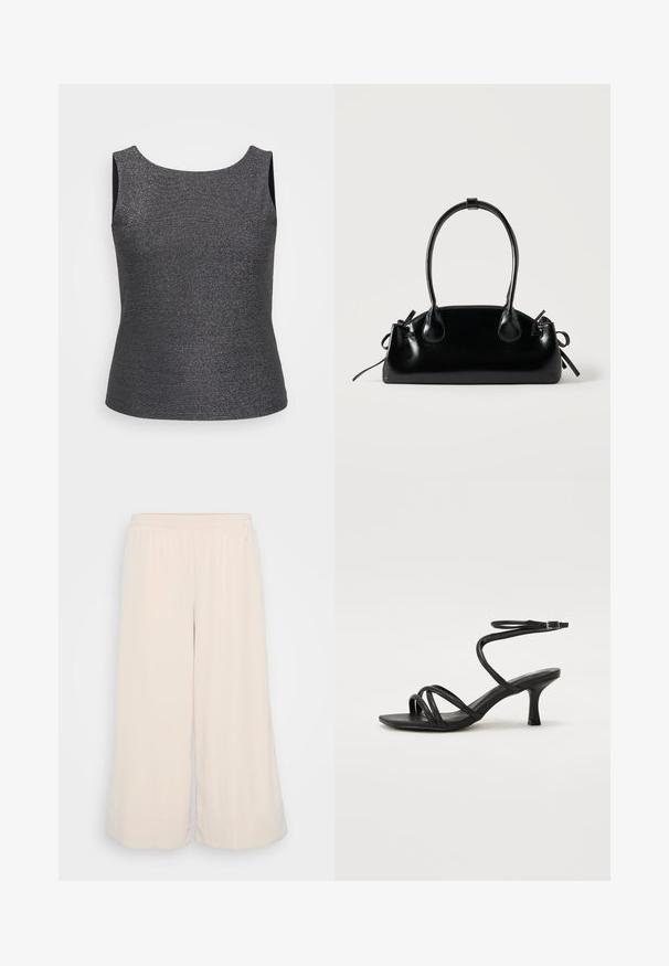 Top sin mangas en gris oscuro con un brillo metálico, que presenta un escote redondo y una forma ajustada, fabricado con una tela texturizada.; Pantalones de pierna ancha en un beige claro, confeccionados en una suave tela texturizada. Cintura elástica con un acabado limpio en el dobladillo. Diseño sencillo sin bolsillos.; Even&Odd Wide Fit by Zalando Sandalias - black; Pequeño bolso negro brillante con dos asas largas y detalles de cordón lateral sobre un fondo claro liso.