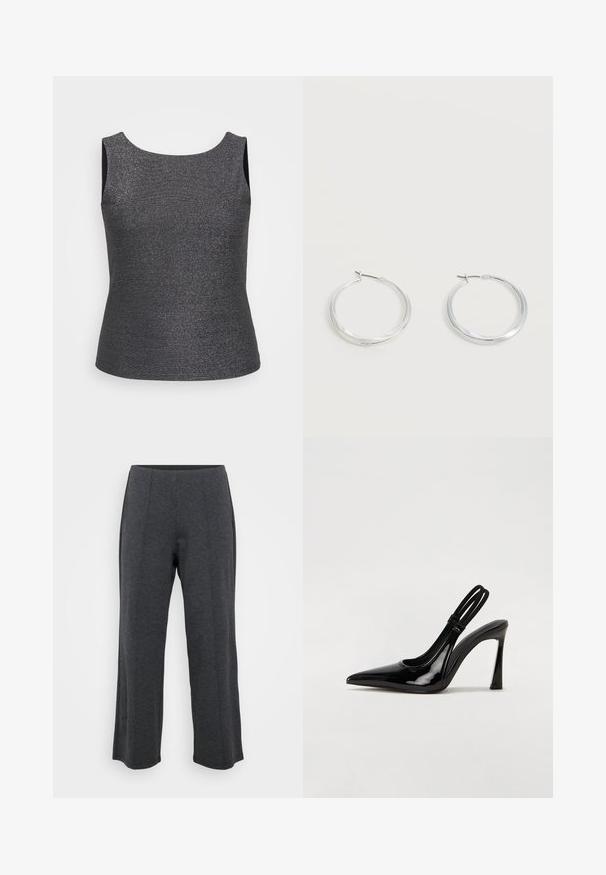 Débardeur sans manches en gris foncé avec un éclat métallique, doté d'un col rond et d'une coupe ajustée, fabriqué à partir d'un tissu texturé.; Pantalons larges gris foncé fabriqués à partir d'un tissu doux et extensible. Comprend une ceinture lisse et un devant plat avec des plis subtils pour un détail supplémentaire.; Escarpin en cuir verni noir à talon aiguille, à bout pointu, avec une sangle élastique double pour un maintien sécurisé. Surface lisse et brillante.; Boucles d’oreilles créoles en métal argenté avec une surface lisse légèrement incurvée et des fermoirs à clapet sur un fond blanc uni.