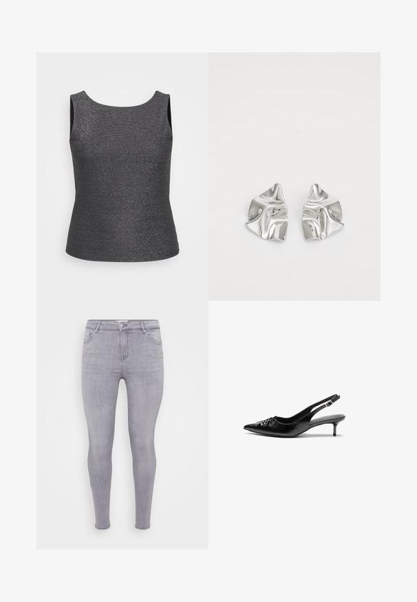 Ärmeloses top i mørkegrå med metallisk glans, med en rund halsudskæring og en tætsiddende form, lavet af et struktureret stof.; Grå skinny jeans lavet af denim, med klassisk fem-lomme design, lynlås i front og en glat overflade med let stræk.; Sorte læder slingback-pumps med spids tå, lav kitten-hæl og rynket detalje på overdelen. Glat tekstur og minimalistisk design.; Sølvmetal øreringe med et bølgende, skulpturelt design, der har en poleret overflade og uregelmæssige former, hvilket fremhæver en moderne æstetik.