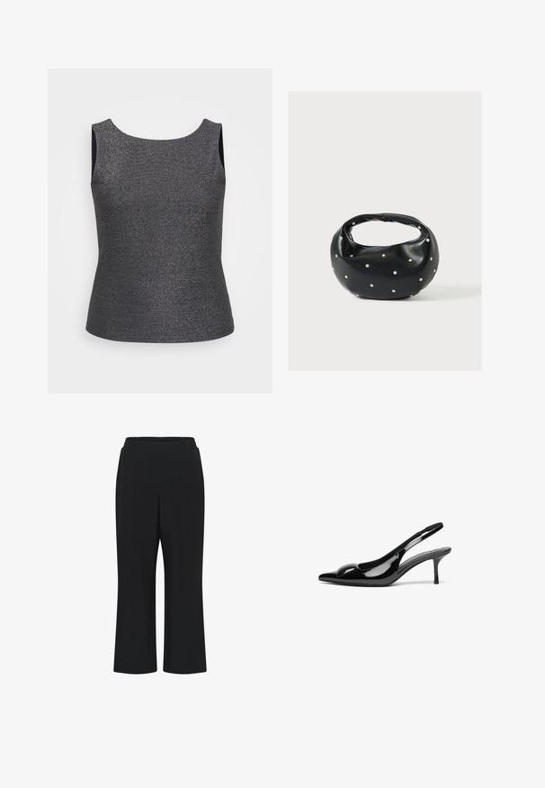 Débardeur sans manches en gris foncé avec un éclat métallique, doté d'un col rond et d'une coupe ajustée, fabriqué à partir d'un tissu texturé.; Pantalons en tissu extensible noir à jambe large, dotés d'une taille élastique pour le confort et sans fermetures ni poches visibles.; Escarpins slingback en cuir verni noir avec un bout pointu et une finition brillante. Présente un talon fin et un accent arrondi au dessus du pied.; Sac à main en cuir noir de forme arrondie, décoré de clous argentés et équipé d'une poignée courte. Texture lisse et fermeture éclair.