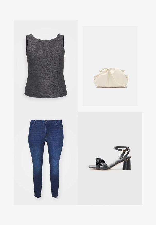 Ärmeloses top i mørkegrå med metallisk glans, med en rund halsudskæring og en tætsiddende form, lavet af et struktureret stof.; Mørkeblå slim-fit denim jeans med frontknap og lommer, vist fra forsiden mod en hvid baggrund.; Sorte læder hælekorter med en knyttet frontdesign, åben tå og ankelrem; har en chunky, cylindrisk hæl.; Blød, cremefarvet læder clutch taske med samlet, rynket design og en tynd skulderrem, der hviler foran på en ensfarvet baggrund.