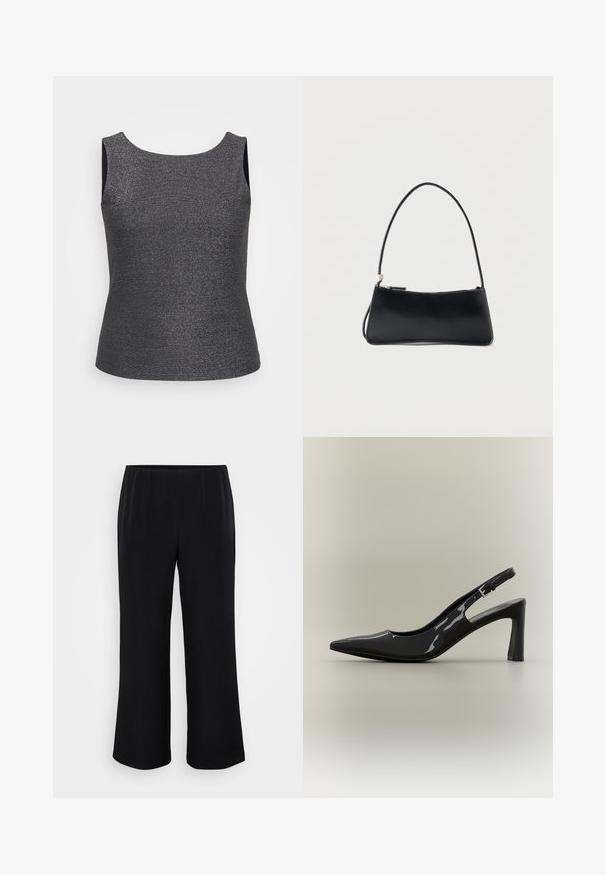 Débardeur sans manches en gris foncé avec un éclat métallique, doté d'un col rond et d'une coupe ajustée, fabriqué à partir d'un tissu texturé.; Pantalons larges noirs en tissu lisse avec une taille élastique. Design simple, sans motifs ni éléments métalliques visibles.; Escarpin slingback en cuir verni noir, bout pointu, talon bloc de hauteur moyenne et bride ajustable avec boucle.; Sac à main rectangulaire noir avec une fine bandoulière et fermeture éclair, présenté sur un fond blanc uni.