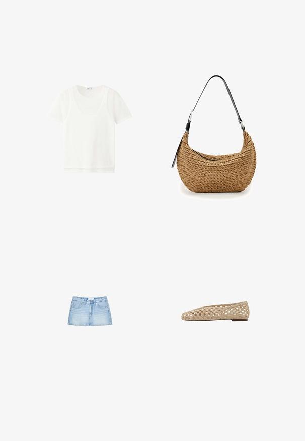 Hvid kortærmet lag-på-lag t-shirt med rund halsudskæring og let gennemsigtigt stof, vist på en ensfarvet hvid baggrund.; Lysblå denimminiskørt med lige snit, fem lomme, og frontknaplukning med bæltestropper. Glat tekstur.; Beige flad sko med vævet åbent strikkedesign og lav hæl, vist i sideprofil på hvid baggrund.; Lille brun vævet skuldertaske med sort justerbar rem og lynlåslukning, vist på hvid baggrund.