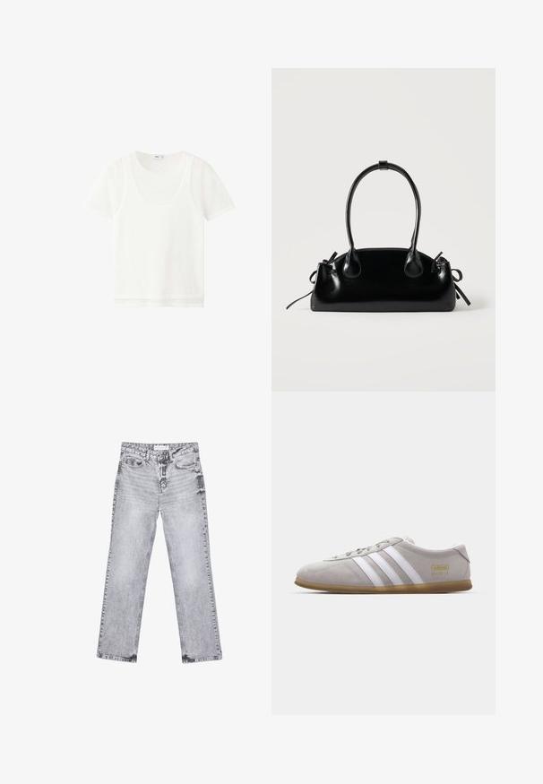 Weißes kurzärmeliges Schicht-T-Shirt mit Rundhalsausschnitt und leicht durchsichtigem Stoff, dargestellt vor einfachem weißem Hintergrund.; Graue Jeans aus Denim mit geradem Bein, mit Used-Effekten, fünf Taschen und kupferfarbenen Nieten. Der Bund verfügt über ein Logoshirt.; Graue Wildleder-Sneaker mit weißen Lederstreifen und goldenen Logodetails. Flache Gummisohle, abgerundete Zehenpartie und klassisches Schnürverschlussdesign.; Kleine schwarze glänzende Handtasche mit zwei langen Griffen und seitlichen Kordelzug-Details vor einfachem hellem Hintergrund.