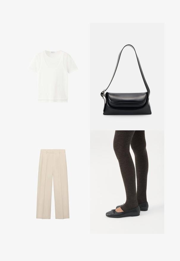Camiseta blanca de manga corta en capas con cuello redondo y tela ligeramente transparente, mostrada sobre un fondo blanco liso.; Pantalones de pierna ancha beige con una textura suave, dos pliegues frontales, una cintura ajustada y sin bolsillos visibles ni detalles de hardware.; Piernas con leggings oscuros acanalados combinados con bailarinas negras que presentan pequeños detalles de lazo sobre un fondo blanco.; Bolso de piel negra con una forma estructurada, una textura suave y una sola correa para el hombro. Presenta un diseño de tapa sutil y redondeado.