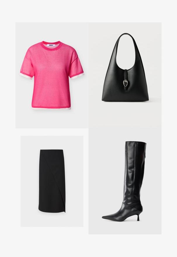 Helles pinkfarbenes kurzärmliges Netz-Oberteil mit weißer Umrandung an Ärmelbündchen und Saum, Rundhalsausschnitt und DKNY-Label im Krageninneren.; Schwarzer knielanger Bleistiftrock mit asymmetrischem vorderem Überlappungsdetail auf weißem Hintergrund.; Schwarze Lederstiefel bis zum Knie mit spitzem Zehenbereich und schmalem, geschwungenem Absatz. Glatte Textur, enganliegendes Design und keine sichtbaren Beschläge oder Muster.; Schwarze Lederhandtasche mit einem einzelnen Griff und einem Verschlussriemen mit silberner Schnalle vor weißem Hintergrund.