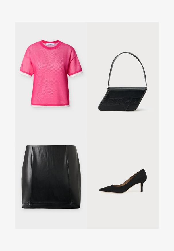 Haut en maille rose vif à manches courtes avec bordure blanche aux poignets et à l'ourlet, col rond, et étiquette DKNY à l'intérieur du col.; Jupe mini en simili cuir noir avec un surpiqûre sur le panneau avant et une légère brillance, posée à plat sur un fond neutre.; Escarpin en daim noir à bout pointu avec un talon stiletto fin de hauteur moyenne et un design à coupe basse sur un fond uni.; Sac d'épaule en cuir noir de forme triangulaire, avec un logo embossé et une seule bandoulière réglable. Design minimaliste avec une texture lisse.