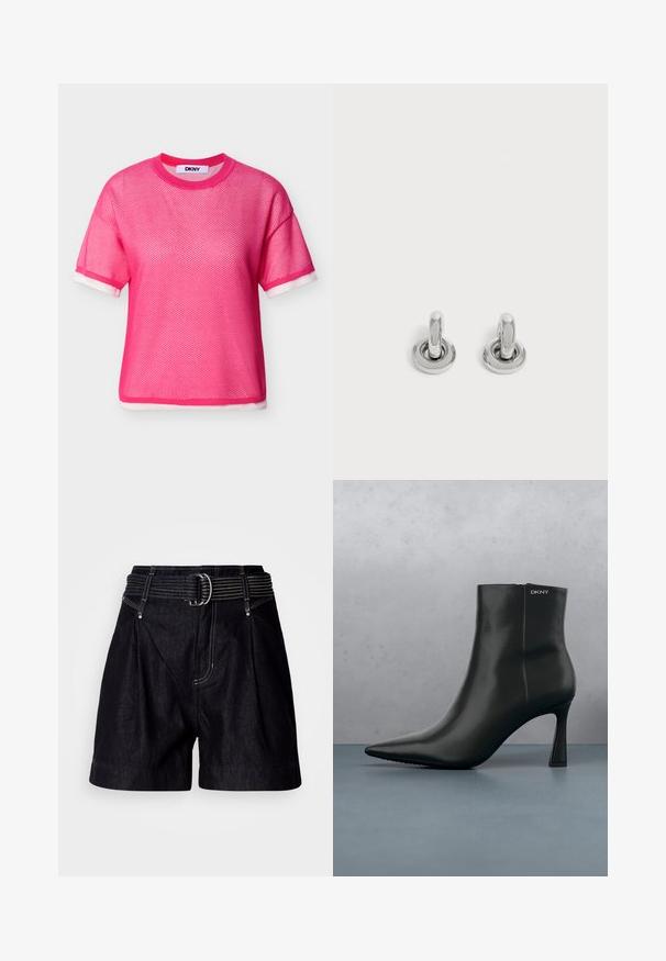 Helles pinkfarbenes kurzärmliges Netz-Oberteil mit weißer Umrandung an Ärmelbündchen und Saum, Rundhalsausschnitt und DKNY-Label im Krageninneren.; Schwarze Jeansshorts mit breitem Bund und silberner Schnalle. Verfügen über vordere Falten, kontrastierende Nähte und eine legere Passform.; Schwarze Leder-Stiefelette mit spitzem Zehenbereich und einem geometrischen Absatz. Verfügt über dezente Branding-Elemente und eine glatte Textur. Der Hintergrund zeigt strukturierte Fliesen.; Paar kleine, glänzende silberne Creolen mit rundem Sockel, auf einfachem hellem Hintergrund präsentiert.