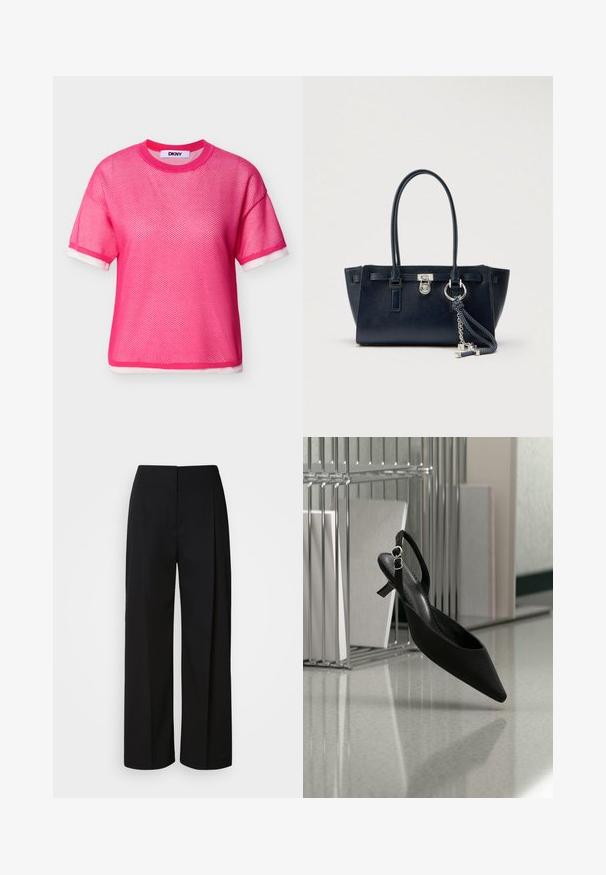 Haut en maille rose vif à manches courtes avec bordure blanche aux poignets et à l'ourlet, col rond, et étiquette DKNY à l'intérieur du col.; Pantalon noir taille haute à jambes larges avec une fermeture avant dissimulée, des coutures ajustées et un tissu lisse et structuré.; Chaussure noire à bout pointu, talon kitten et bride arrière, en lévitation près d'un organiseur de dossiers en métal sur un sol réfléchissant.; Sac à main en cuir bleu marine avec surface texturée, design structuré, doubles poignées, ferrures argentées et une bandoulière amovible à motif.