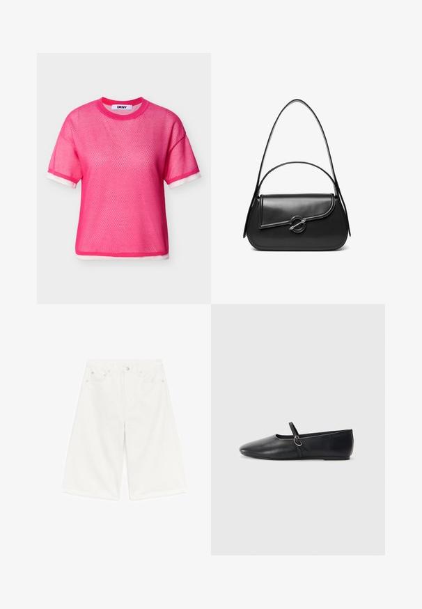 Haut en maille rose vif à manches courtes avec bordure blanche aux poignets et à l'ourlet, col rond, et étiquette DKNY à l'intérieur du col.; Short en denim blanc longueur genou avec poches avant, passants de ceinture et fermeture à bouton sur fond blanc.; Ballerines noires en cuir avec un bout pointu, une semelle plate et une petite sangle avec un détail de boucle en argent.; Sac à bandoulière en cuir noir avec un rabat incurvé fermé par un fermoir métallique rond et une sangle fine et ajustable.