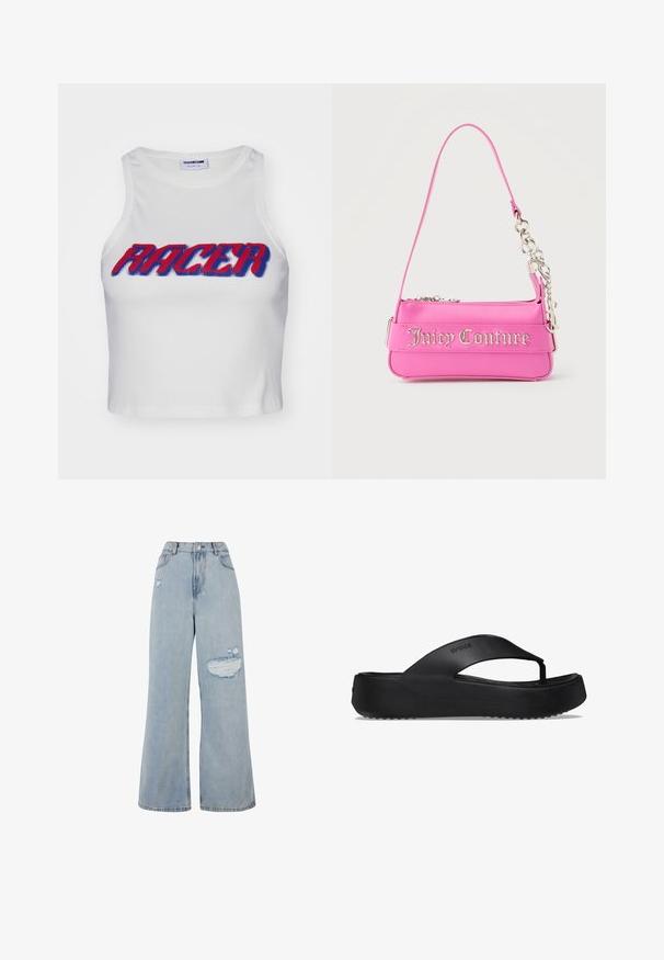 Witte geribde cropped tanktop met het woord "RACER" in vetgedrukte rode en blauwe letters op de voorkant.; Licht gewassen denim wijde pijpen jeans met een hoge taille, verouderde plekken en een onafgebroken zoom. Zachte textuur met een losse pasvorm.; Zwarte flip-flop sandaal met een verhoogde zool, gemaakt van rubbermateriaal. Kenmerkt zich door een teenband en een gestructureerde voetbed voor grip.; Kleine felroze Juicy Couture-handtas met zilveren kettingdetail en logotekst aan de voorkant, enkele smalle schouderband.