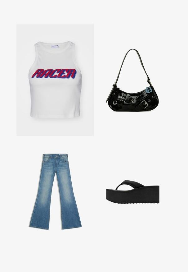 Débardeur court blanc côtelé avec le mot "RACER" en lettres épaisses rouges et bleues sur le devant.; Jean en denim bleu avec une jambe évasée, des poches avant et une fermeture à boutons, présenté sur fond blanc.; Tongs noires à semelle plate épaisse et rembourrée avec une large bride sur les orteils, vues de côté sur fond blanc.; Sac à main en cuir verni noir avec une forme incurvée, présentant des ferrures en argent, des boucles décoratives et une bandoulière courte. Étiquette bleue attachée.