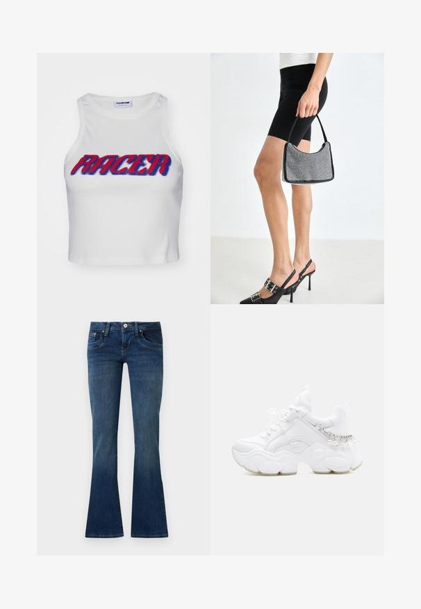 Débardeur court blanc côtelé avec le mot "RACER" en lettres épaisses rouges et bleues sur le devant.; Jean bootcut en denim bleu avec poches avant et fermeture par bouton, présenté sur un fond gris clair uni.; Baskets blanches épaisses avec semelle épaisse, devant à lacets et détail chaîne avec perles pendantes sur le talon.; Sac à main à perles noires avec une silhouette courbée, une poignée de transport et une texture brillante. Porté avec des chaussures à talons hauts noires et un short noir ajusté.