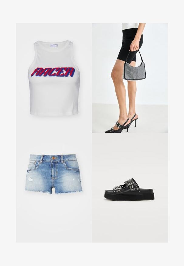 Valkoinen ribbed lyhyt tanktoppi, jossa on sana "RACER" paksuilla punaisilla ja sinisillä kirjaimilla edessä.; Vaaleansiniset farkkushortsit, joissa on kulutettu viimeistely, repaleinen helma, viisi taskua ja yksittäinen nappisulku edessä.; Musta alustan sandaalit, jotka on valmistettu nahasta, ja joissa on kaksi leveää hihnaa, joissa on hopeiset soljet ja koristeelliset metalliset reikänupit. Kuviollinen pohja.; Mustakoruista käsilaukkua, jossa on kaareva siluetti, kantokahva ja kiiltävä pinta. Yhdistettynä korkeakorkoisiin mustiin kenkiin ja napakoihin mustiin shortseihin.