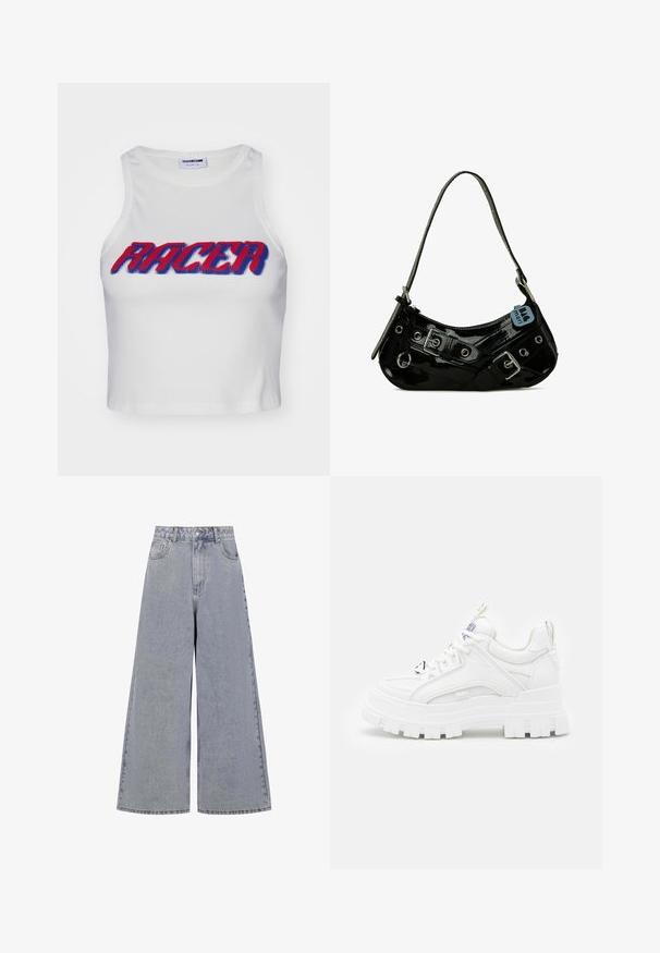 Top corto de tirantes acanalado blanco con la palabra "RACER" en letras negritas rojas y azules en la parte frontal.; Pantalones vaqueros de pierna ancha en azul claro, hechos de mezclilla, con una cintura alta, cuatro bolsillos y un cierre clásico de botón con un ligero desvanecimiento.; Zapatillas deportivas blancas y gruesas con un revestimiento texturizado, cuello acolchado y suela gruesa y estriada. Presentan cordones negros en contraste y un detalle de marca.; Bolso de mano de charol negro con forma curva, que presenta herrajes plateados, hebillas decorativas y una correa corta. Etiqueta azul adjunta.