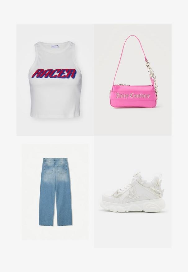 Weißes, geripptes, gekürztes Tanktop mit dem Wort "RACER" in fettem roten und blauen Schriftzug auf der Vorderseite.; Helleblaue Denim-Jeans mit geradem Bein, ausgestattet mit zwei Gesäßtaschen und einer ausgebleichten Textur im oberen Bereich.; Weißer klobiger Sneaker mit dicker Sohle und dekorativen 3D-Schmetterlingsakzenten an der Seite, den Schnürsenkeln und der Ferse.; Kleine, leuchtend pinke Juicy Couture Handtasche mit silbernen Kettendetails und Logo-Schriftzug auf der Vorderseite, schmaler einzelner Schulterriemen.