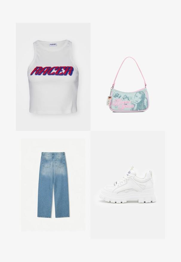 Weißes, geripptes, gekürztes Tanktop mit dem Wort "RACER" in fettem roten und blauen Schriftzug auf der Vorderseite.; Helleblaue Denim-Jeans mit geradem Bein, ausgestattet mit zwei Gesäßtaschen und einer ausgebleichten Textur im oberen Bereich.; Weiße klobige Sneakers mit einer strukturierten Oberseite, gepolstertem Schaft und dicker, gerippter Sohle. Verfügt über kontrastierende schwarze Schnürsenkel und Branding-Details.; Kleine Jeanshandtasche mit pinkem Rand, ausgestattet mit schwarz-weißen Fotos von Britney Spears, Strass-Stern-Designs und einem befestigten Plastik-Ausweisanhänger.