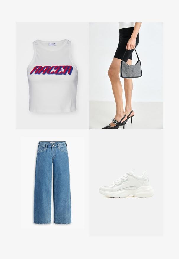 Hvid ribbet cropped tanktop med ordet "RACER" i fed rød og blå skrift over forsiden.; Lysblå bredbenede jeans lavet af denim, med høj talje, fem lommer og en klassisk knaplukning. Lige snit fra lår til kant.; Hvid chunky sneaker med tyk sål, snørelukning foran og glat syntetisk overdel med subtile syningsdetaljer.; Sort perlehandtaske med en buet silhuet, bærehåndtag og blank overflade. Båret med højhælede sorte sko og tætsiddende sorte shorts.