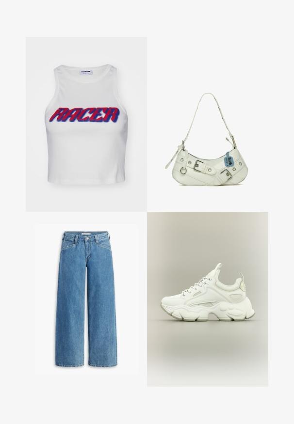 Hvid ribbet cropped tanktop med ordet "RACER" i fed rød og blå skrift over forsiden.; Lysblå bredbenede jeans lavet af denim, med høj talje, fem lommer og en klassisk knaplukning. Lige snit fra lår til kant.; Hvid chunky sneaker med tyk struktureret sål, mesh- og læderoverdel, snørelukning og trækstropper på tunge og hæl.; Hvid syntetisk håndtaske med en buet silhuet, justerbar rem, dekorativ spænde, sølv hardware og et blåt mærke fastgjort.