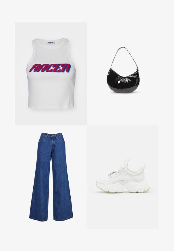 Weißes, geripptes, gekürztes Tanktop mit dem Wort "RACER" in fettem roten und blauen Schriftzug auf der Vorderseite.; Weite Jeans aus Denim in mittelblau, mit hoher Taille, kontrastierenden Nähten und klassischem Fünf-Taschen-Design.; Weisse, klobige Sneaker aus Leder und Netzmaterialien, mit einer dicken Sohle, abgerundeter Zehenpartie und dekorativen Schnürsenkeln. Leicht strukturierte Akzente.; Schwarze Handtasche aus lackiertem Leder mit gewölbter Form, einem einzelnen Schulterriemen, Reißverschluss und einem dekorativen Metalllogo. Glatte Oberfläche.